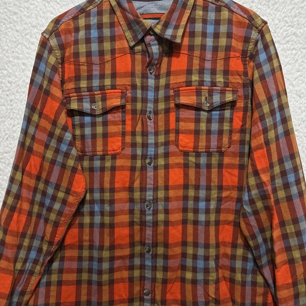 The North Face Mens Large Flannel Button-Up‎ Plaid Shirt Orange/Blue Outdoor